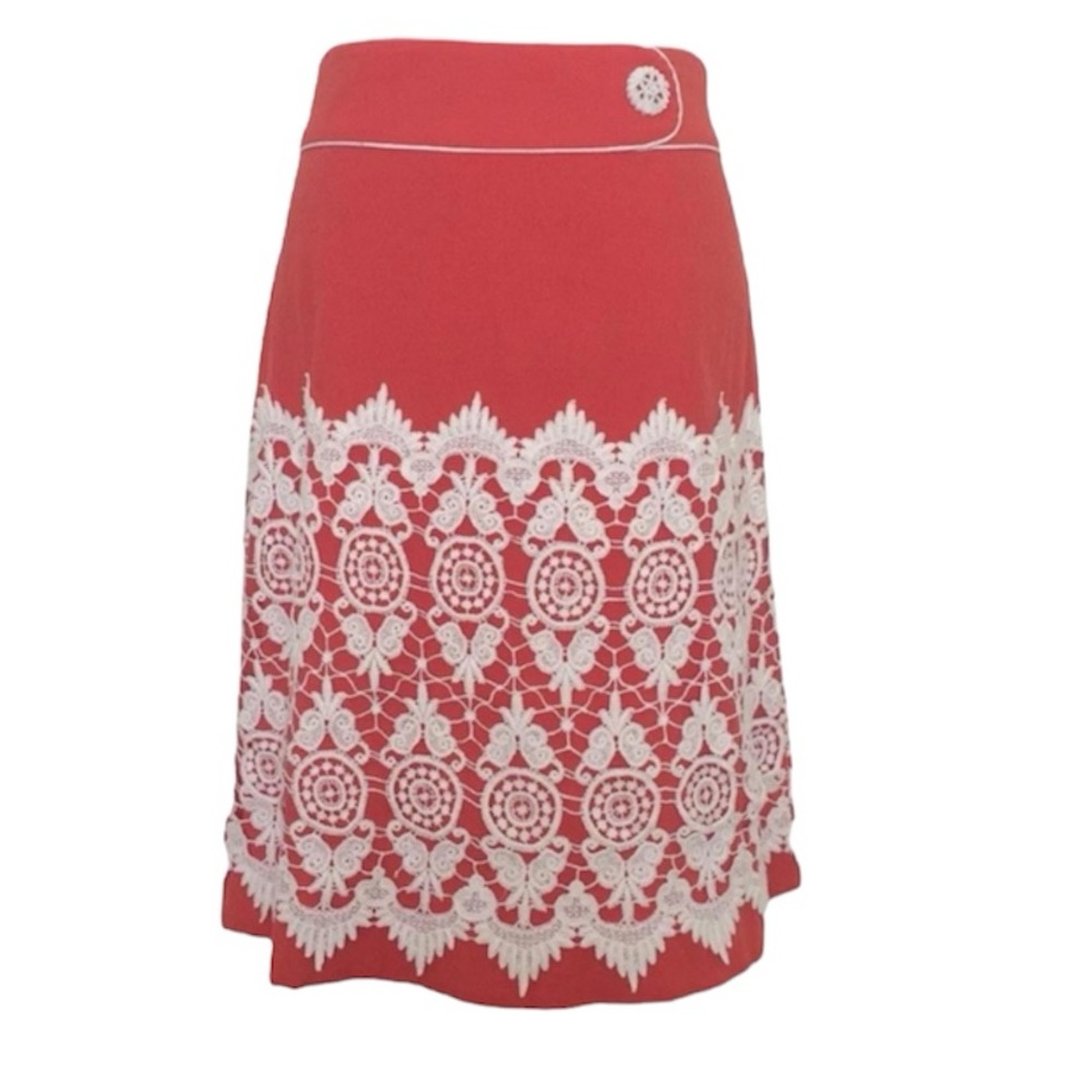 Anthropologie Floreat Coral Skirt with White Lace Overlay 14
